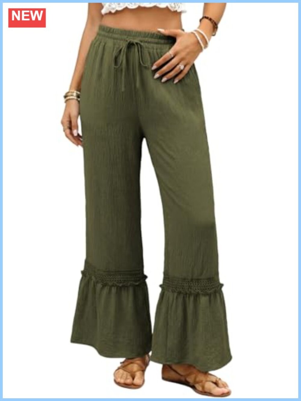 Women's High Waisted Wide Leg Pants Lace Ruffle Hem Elastic Waist Casual